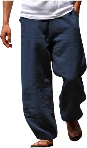 Mens Beach Pants Casual Lightweight Cotton Linen Pants Elastic Waist Wide Leg Trendy Fashion Loose Fit Trousers