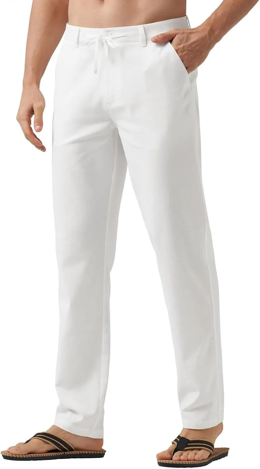 Men's Casual Linen Pants Summer Beach Yoga Pant Elastic Waist Drawstring Pants Lightweight Linen Loose Fit Trousers