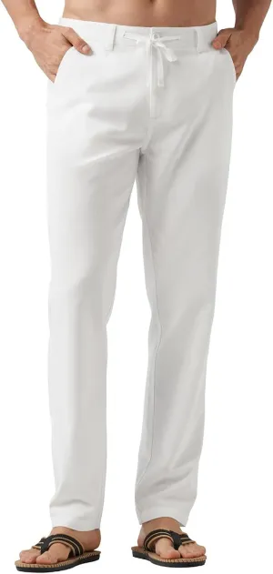 Men's Casual Linen Pants Summer Beach Yoga Pant Elastic Waist Drawstring Pants Lightweight Linen Loose Fit Trousers