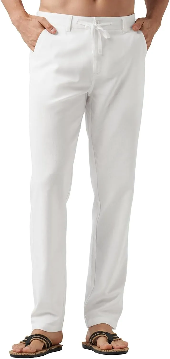 Men's Casual Linen Pants Summer Beach Yoga Pant Elastic Waist Drawstring Pants Lightweight Linen Loose Fit Trousers