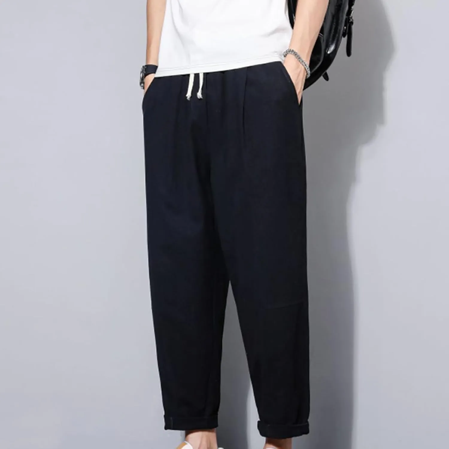 Mens Casual Pants Cotton Linen Loose Fit Elastic Waist Trousers Baggy Summer Beach Vacation Pants with Pockets