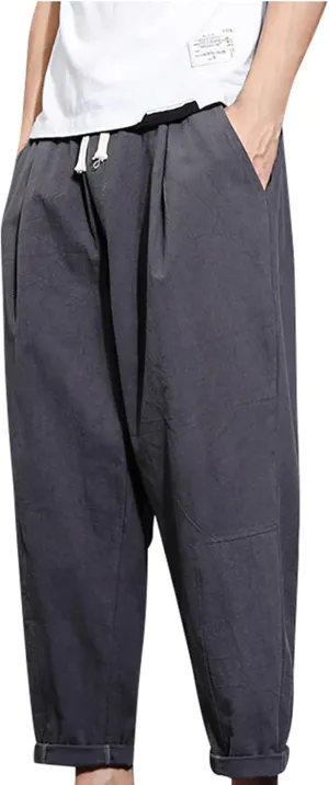 Mens Casual Pants Cotton Linen Loose Fit Elastic Waist Trousers Baggy Summer Beach Vacation Pants with Pockets