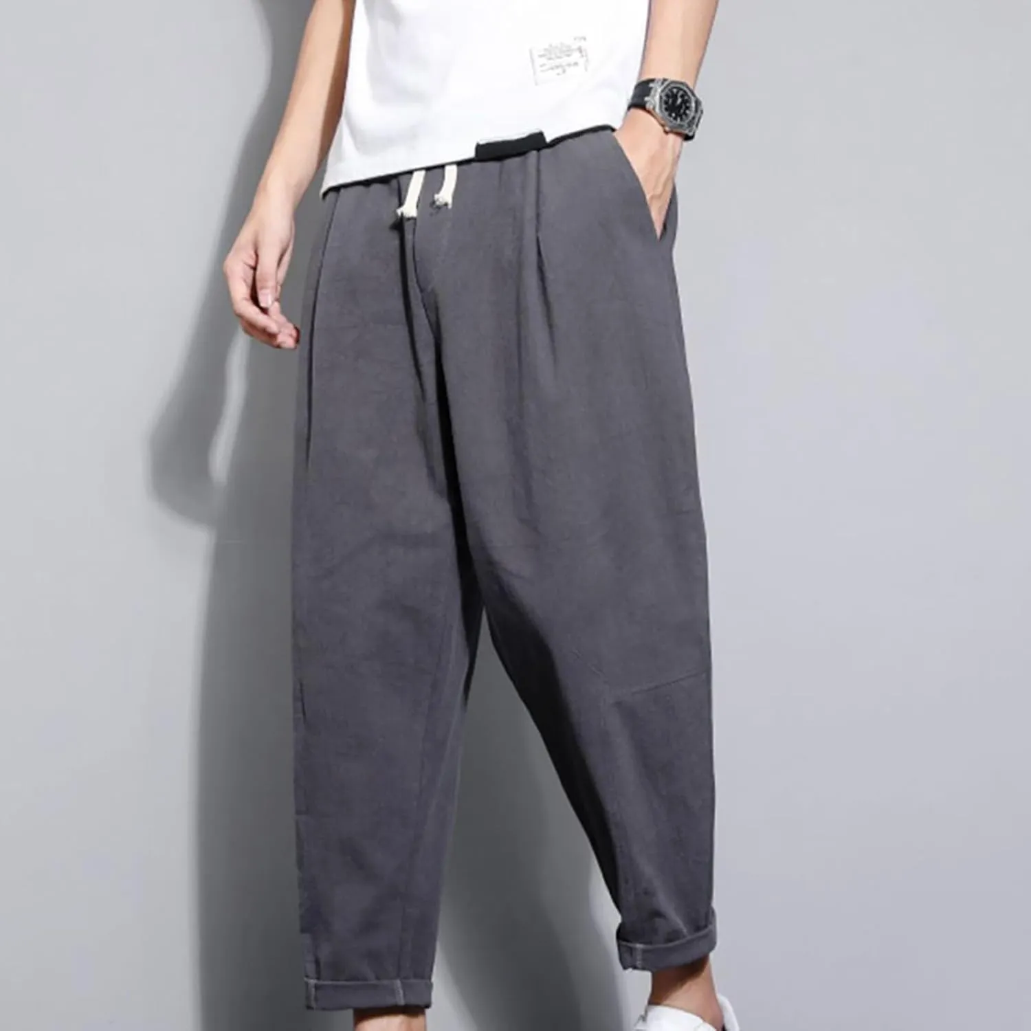 Mens Casual Pants Cotton Linen Loose Fit Elastic Waist Trousers Baggy Summer Beach Vacation Pants with Pockets