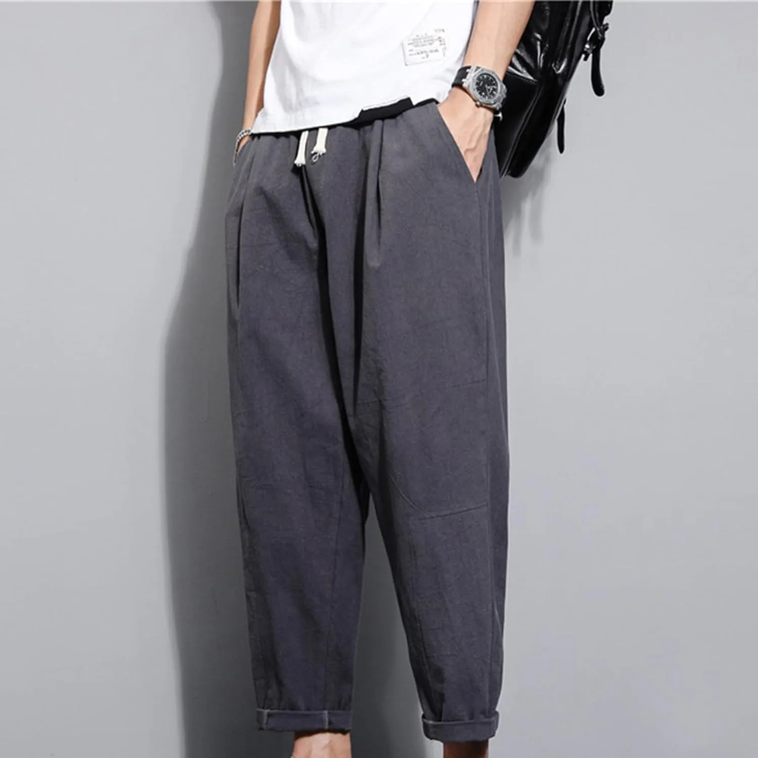 Mens Casual Pants Cotton Linen Loose Fit Elastic Waist Trousers Baggy Summer Beach Vacation Pants with Pockets