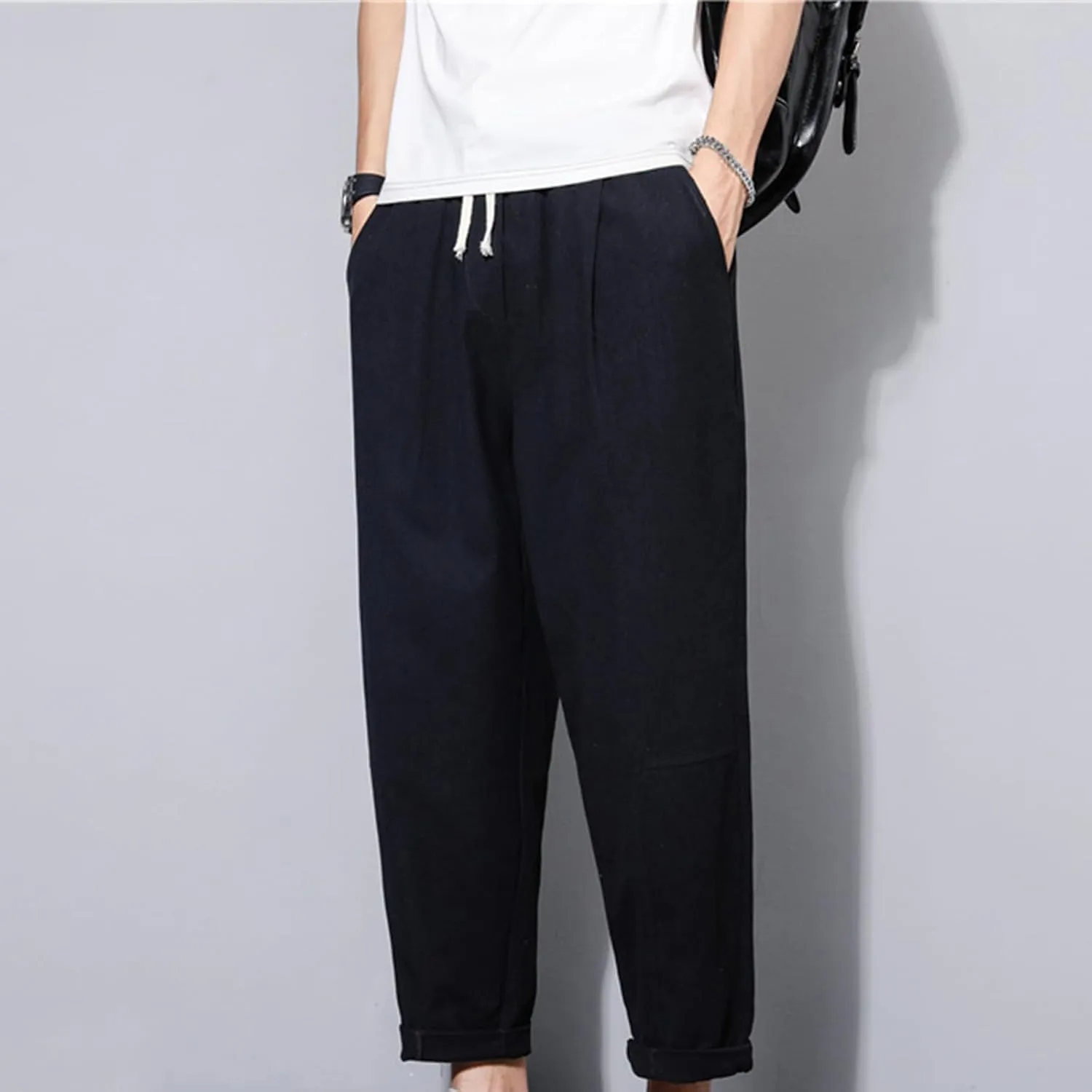Mens Casual Pants Cotton Linen Loose Fit Elastic Waist Trousers Baggy Summer Beach Vacation Pants with Pockets