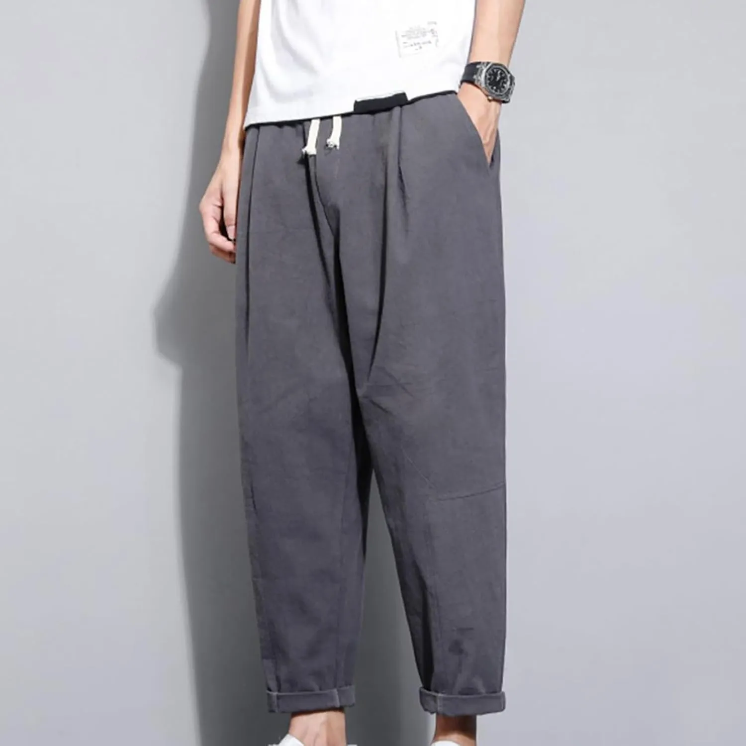 Mens Casual Pants Cotton Linen Loose Fit Elastic Waist Trousers Baggy Summer Beach Vacation Pants with Pockets