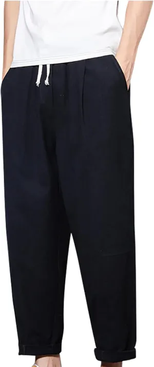 Mens Casual Pants Cotton Linen Loose Fit Elastic Waist Trousers Baggy Summer Beach Vacation Pants with Pockets