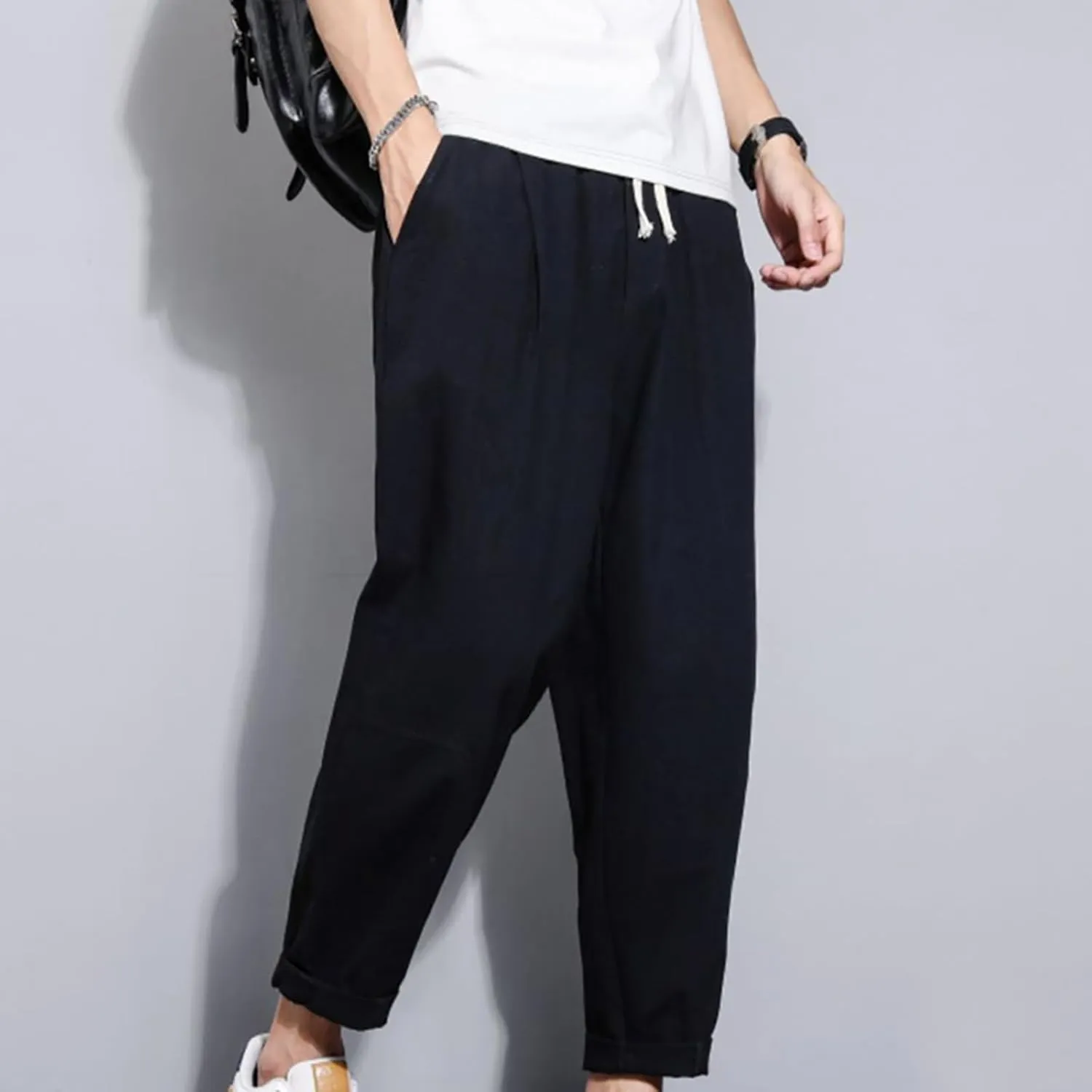 Mens Casual Pants Cotton Linen Loose Fit Elastic Waist Trousers Baggy Summer Beach Vacation Pants with Pockets