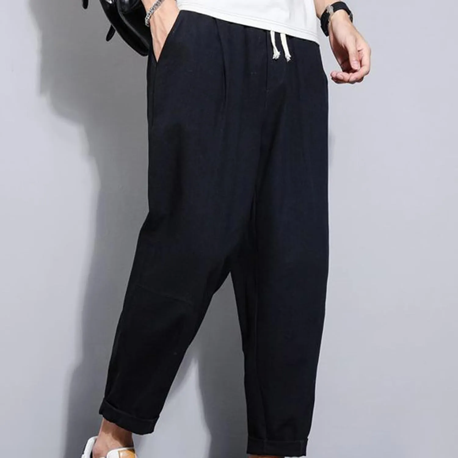 Mens Casual Pants Cotton Linen Loose Fit Elastic Waist Trousers Baggy Summer Beach Vacation Pants with Pockets