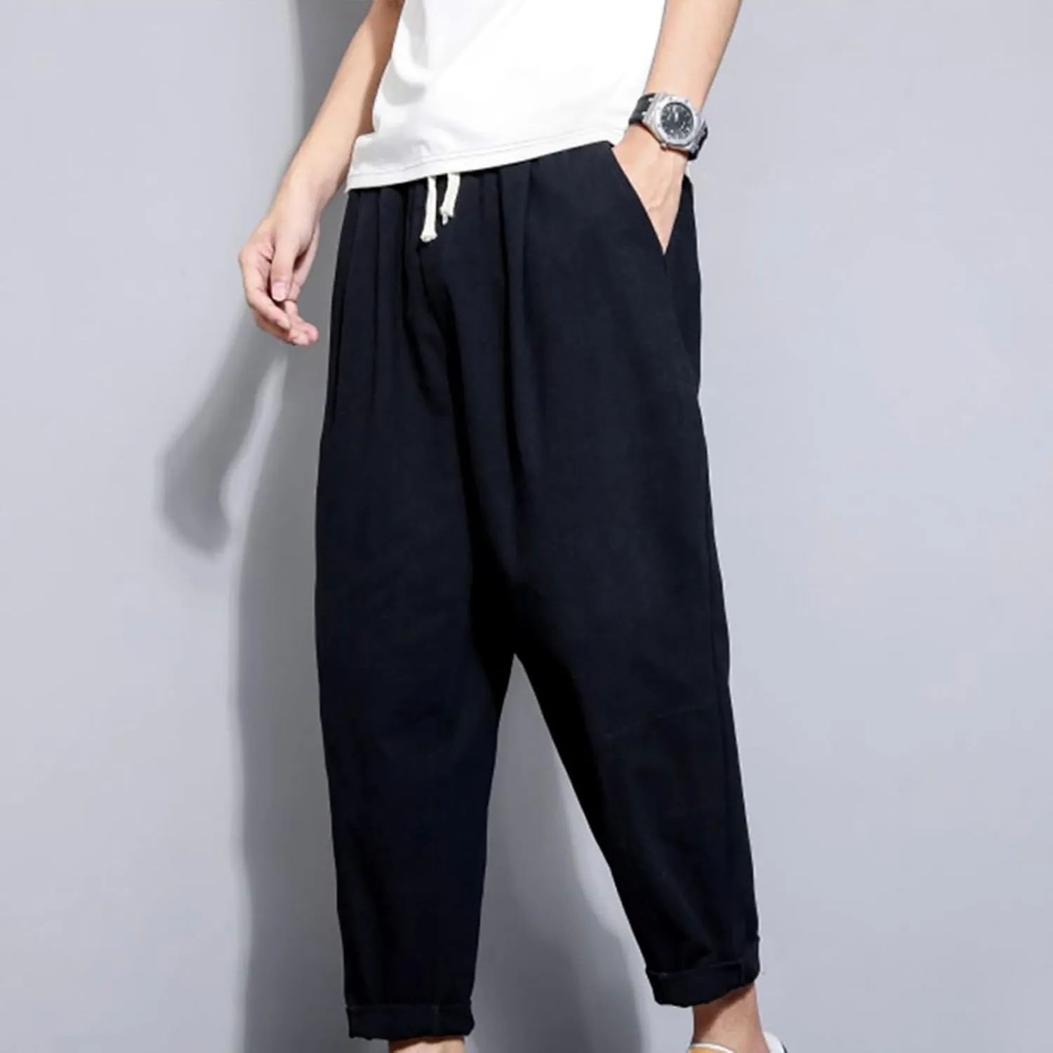 Mens Casual Pants Cotton Linen Loose Fit Elastic Waist Trousers Baggy Summer Beach Vacation Pants with Pockets