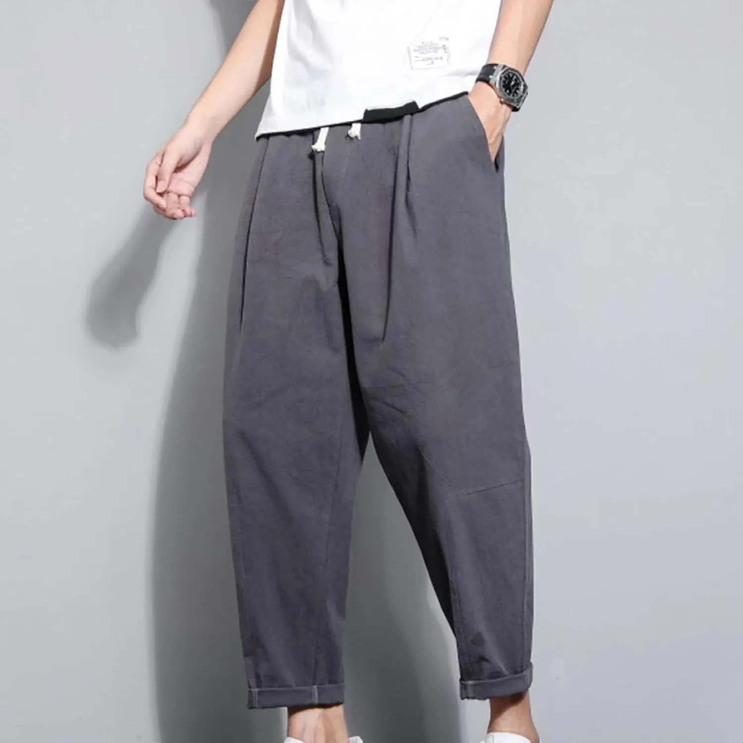 Mens Casual Pants Cotton Linen Loose Fit Elastic Waist Trousers Baggy Summer Beach Vacation Pants with Pockets