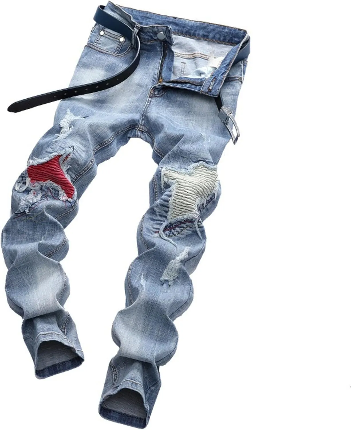 Men's Classic Biker Regular Fit Flex Jean Washed Slim Fit Straight Jeans Patchwork Comfort Skinny Biker Denim Pants