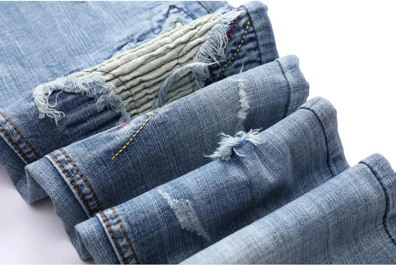 Men's Classic Biker Regular Fit Flex Jean Washed Slim Fit Straight Jeans Patchwork Comfort Skinny Biker Denim Pants