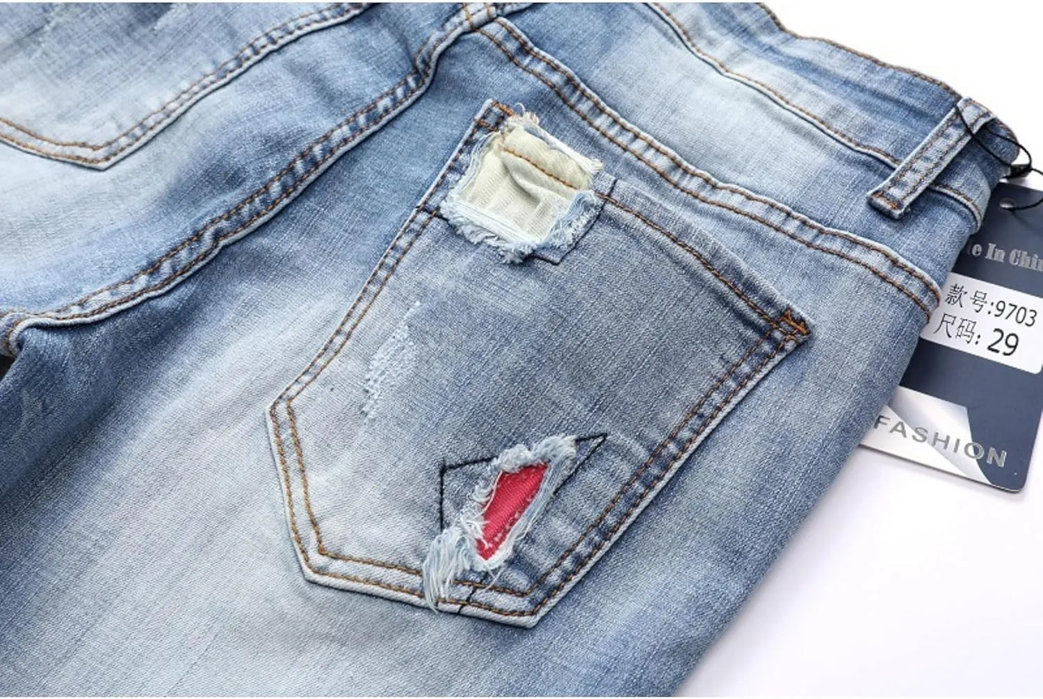 Men's Classic Biker Regular Fit Flex Jean Washed Slim Fit Straight Jeans Patchwork Comfort Skinny Biker Denim Pants