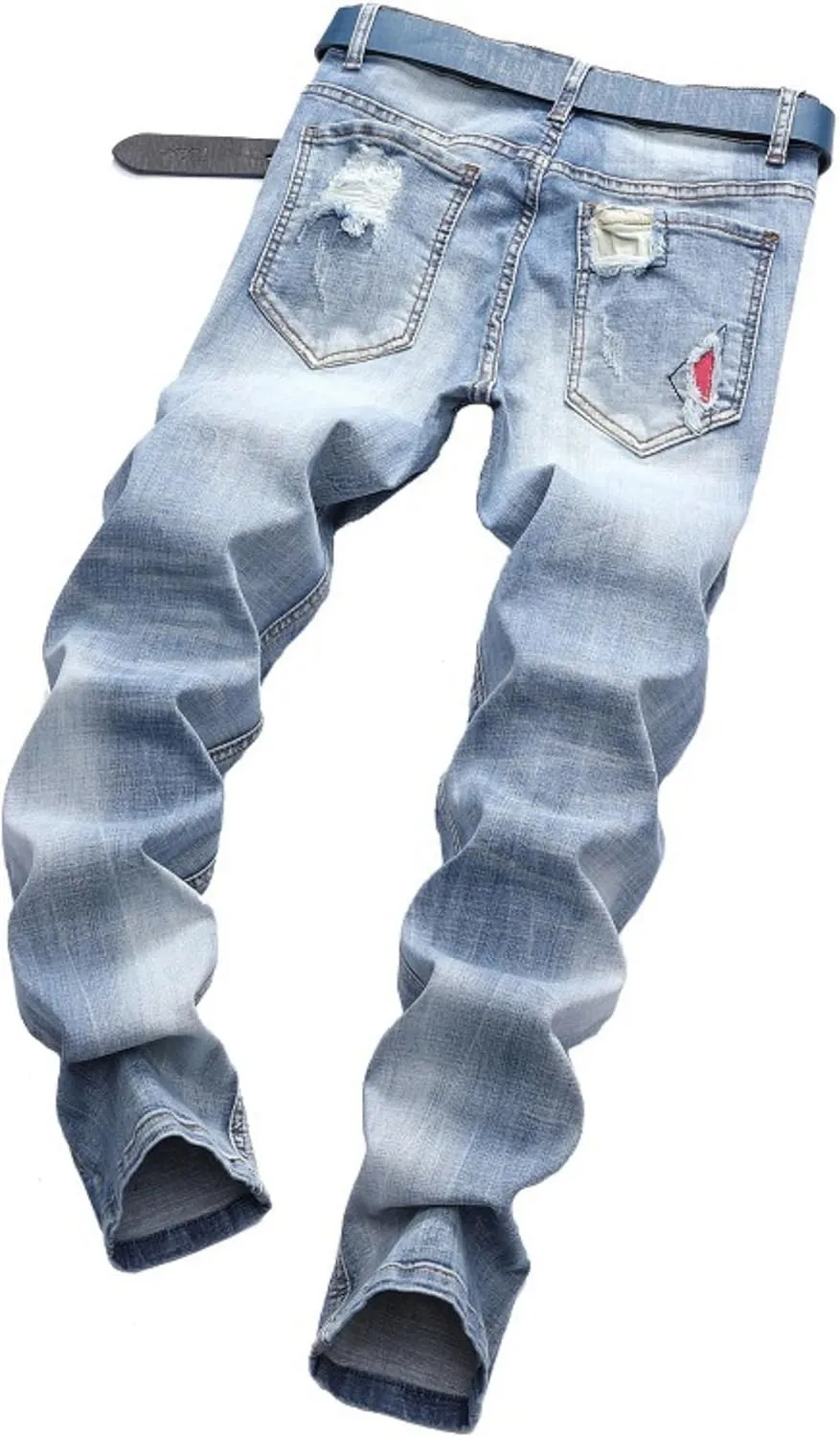 Men's Classic Biker Regular Fit Flex Jean Washed Slim Fit Straight Jeans Patchwork Comfort Skinny Biker Denim Pants