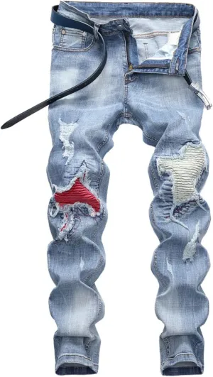 Men's Classic Biker Regular Fit Flex Jean Washed Slim Fit Straight Jeans Patchwork Comfort Skinny Biker Denim Pants