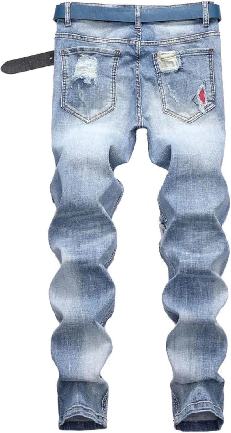Men's Classic Biker Regular Fit Flex Jean Washed Slim Fit Straight Jeans Patchwork Comfort Skinny Biker Denim Pants