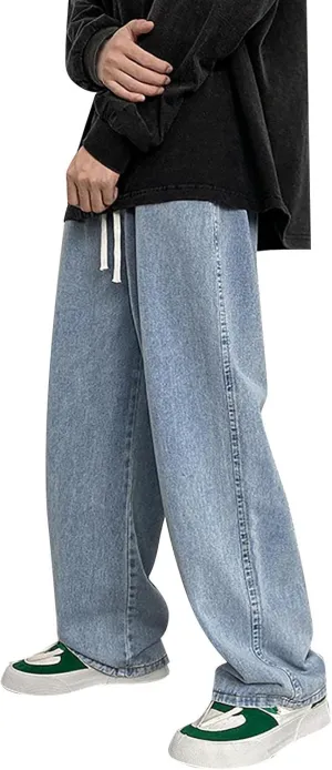 Men's Classic Regular Fit Jeans, Vintage Straight Wide Leg Denim Pants with Pockets Baggy Trousers Streetwear