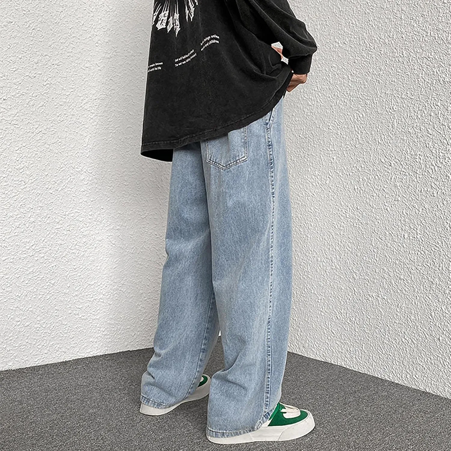 Men's Classic Regular Fit Jeans, Vintage Straight Wide Leg Denim Pants with Pockets Baggy Trousers Streetwear