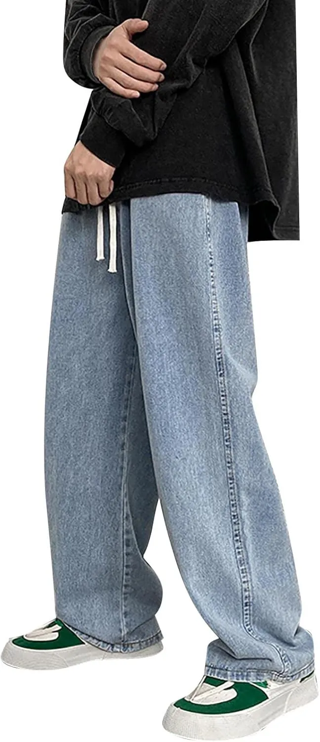 Men's Classic Regular Fit Jeans, Vintage Straight Wide Leg Denim Pants with Pockets Baggy Trousers Streetwear