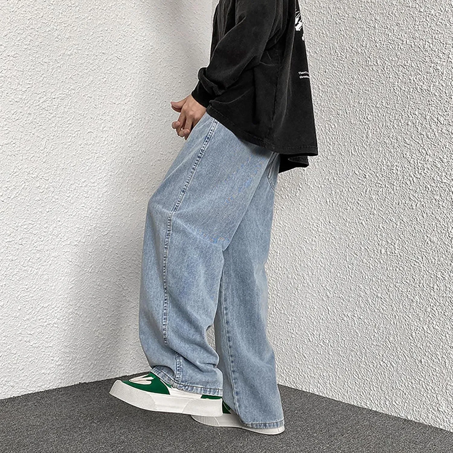 Men's Classic Regular Fit Jeans, Vintage Straight Wide Leg Denim Pants with Pockets Baggy Trousers Streetwear