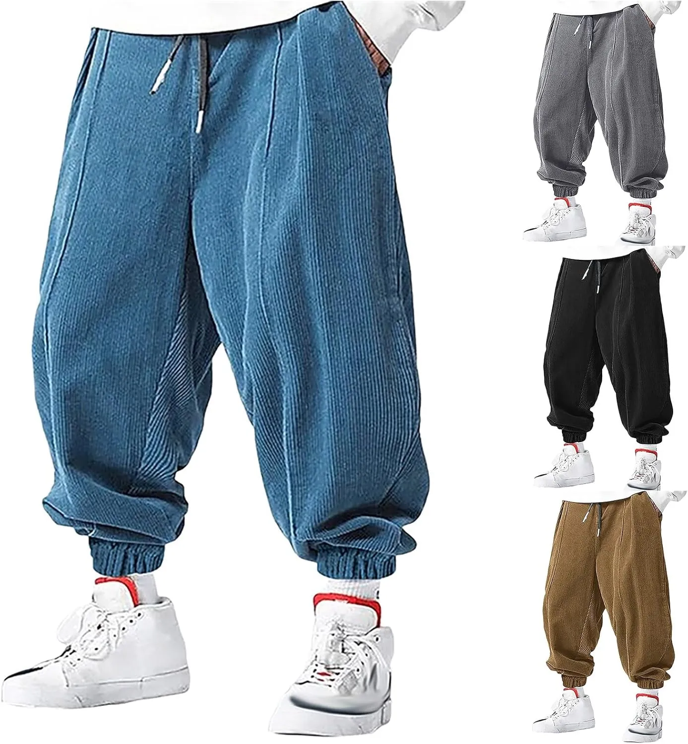 Mens Corduroy Harem Pants with Pocket Plain Tapered Pants Casual Loose Pants Baggy Streetwear Hip Hop Wide Leg Slacks