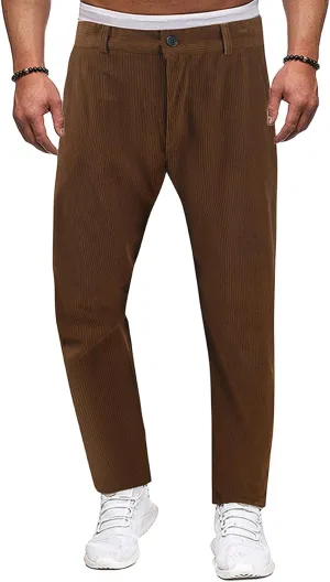 Mens Corduroy Pants Regular Fit Casual Elastic Waist Straight Leg Pants Tapered Flat-Front Chino Pants with Pockets