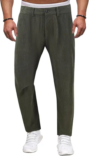 Mens Corduroy Pants Regular Fit Casual Elastic Waist Straight Leg Pants Tapered Flat-Front Chino Pants with Pockets