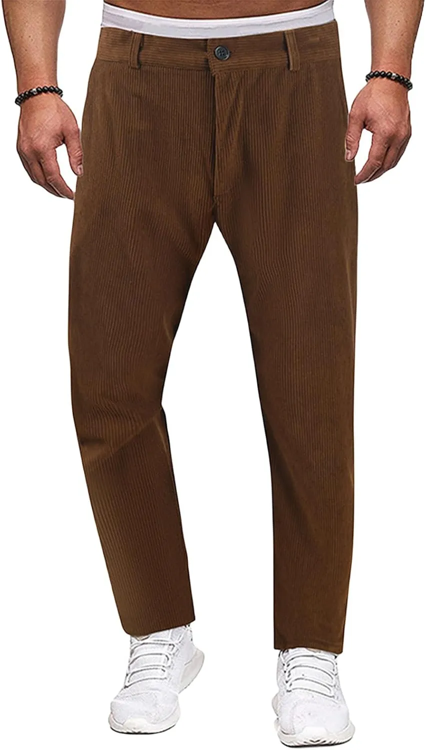 Mens Corduroy Pants Regular Fit Casual Elastic Waist Straight Leg Pants Tapered Flat-Front Chino Pants with Pockets