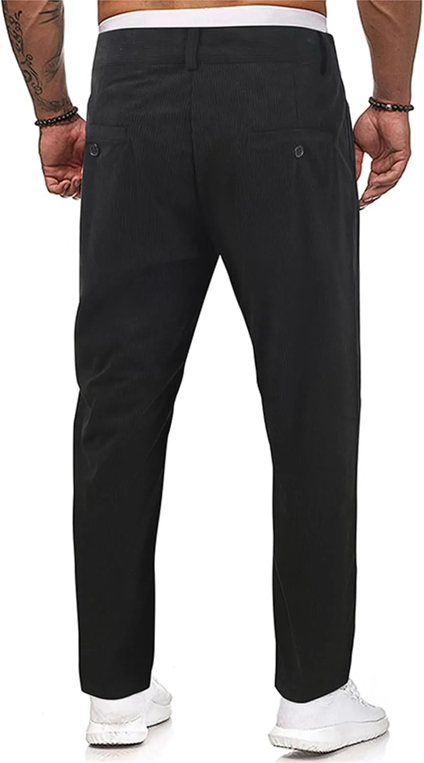 Mens Corduroy Pants Regular Fit Casual Elastic Waist Straight Leg Pants Tapered Flat-Front Chino Pants with Pockets