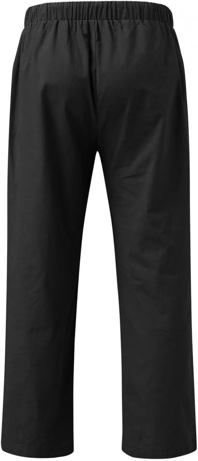 Men's Cotton Linen Pants Drawstring Baggy Hippie Trousers Regular Fit Wide Leg Trousers Lightweight Thin Comfy Pants