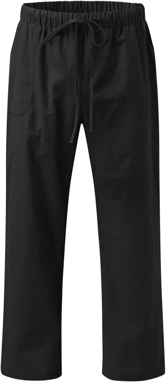 Men's Cotton Linen Pants Drawstring Baggy Hippie Trousers Regular Fit Wide Leg Trousers Lightweight Thin Comfy Pants