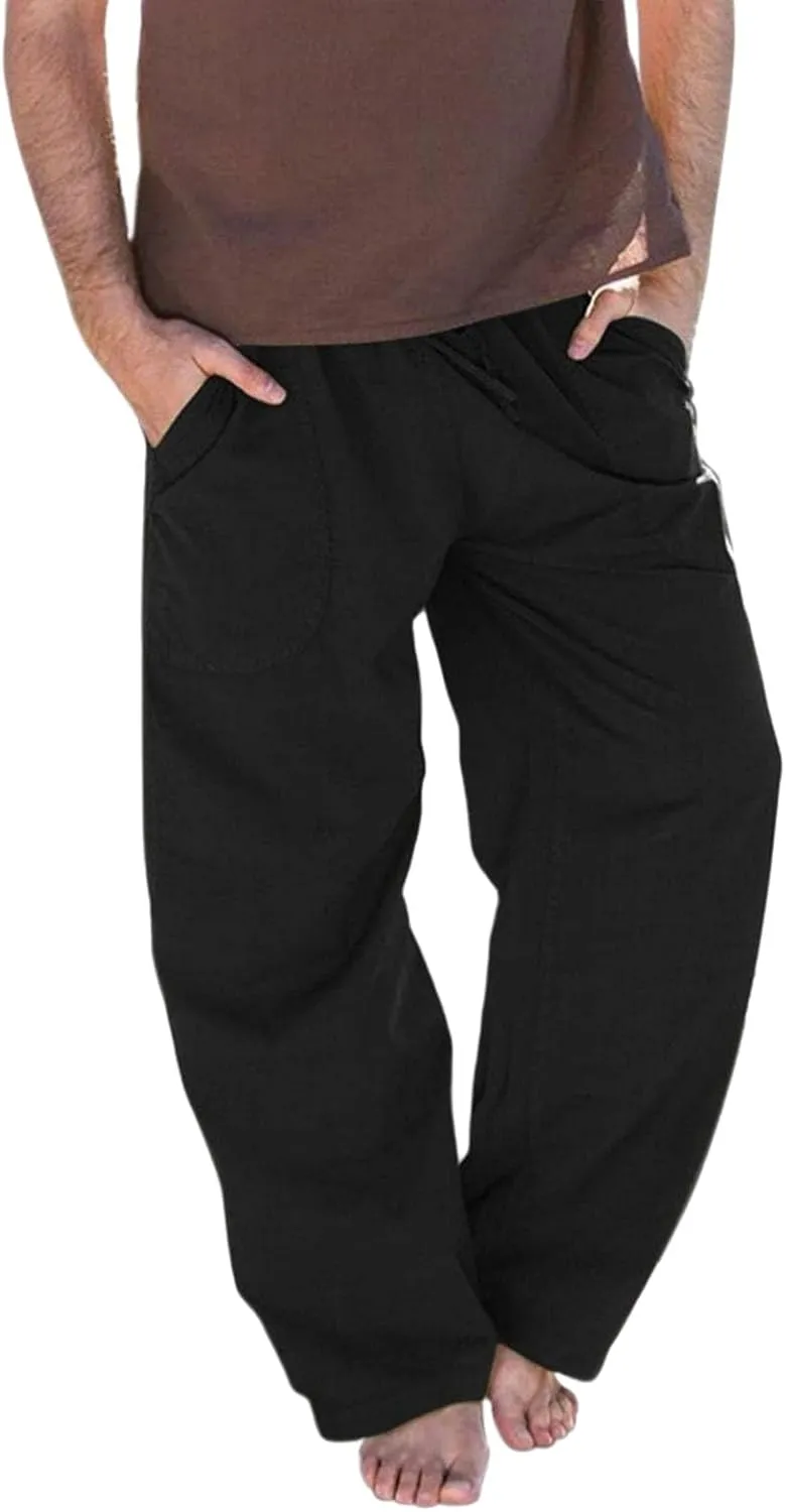 Men's Cotton Linen Pants Drawstring Baggy Hippie Trousers Regular Fit Wide Leg Trousers Lightweight Thin Comfy Pants