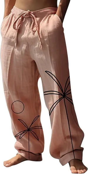 Mens Linen Beach Pants Tropical Plant Print Slacks Plus Size Summer Beach Vacation Casual Pants Open Bottom Trousers