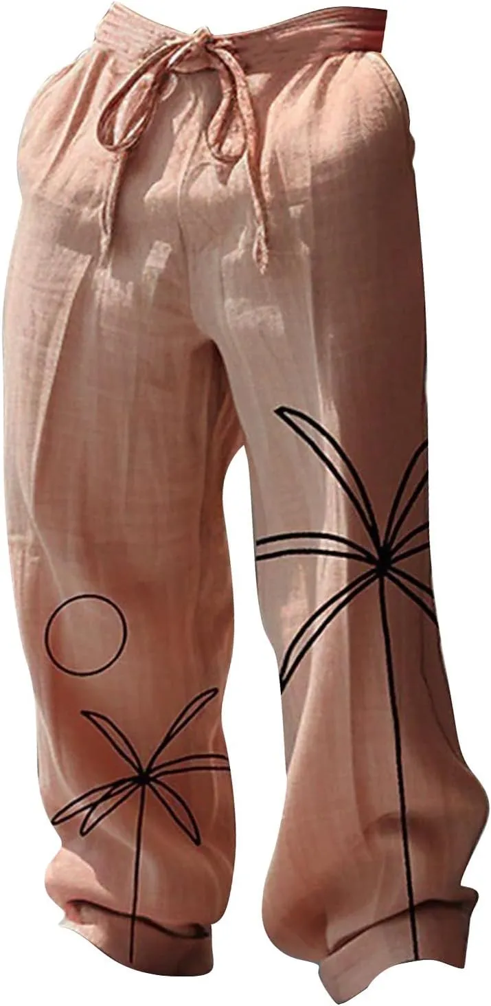 Mens Linen Beach Pants Tropical Plant Print Slacks Plus Size Summer Beach Vacation Casual Pants Open Bottom Trousers