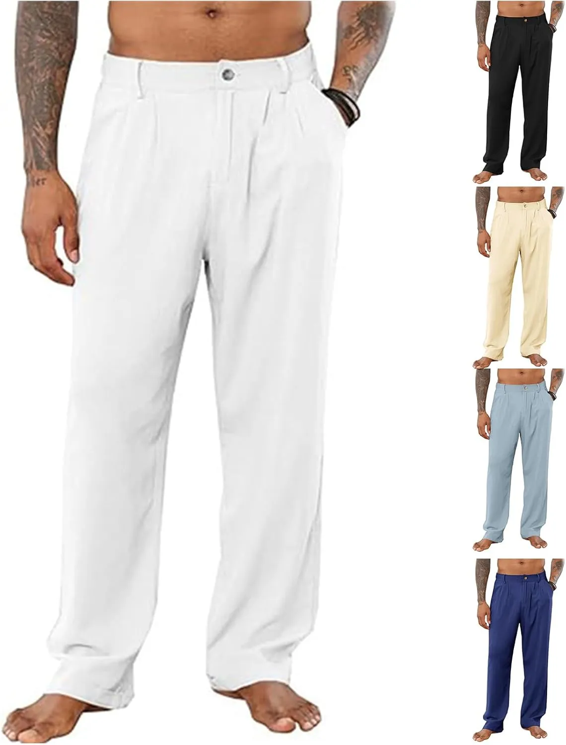 Men's Linen Pants Double Fold Elastic Waist Loose Breathable Solid Color Straight Beach Pants