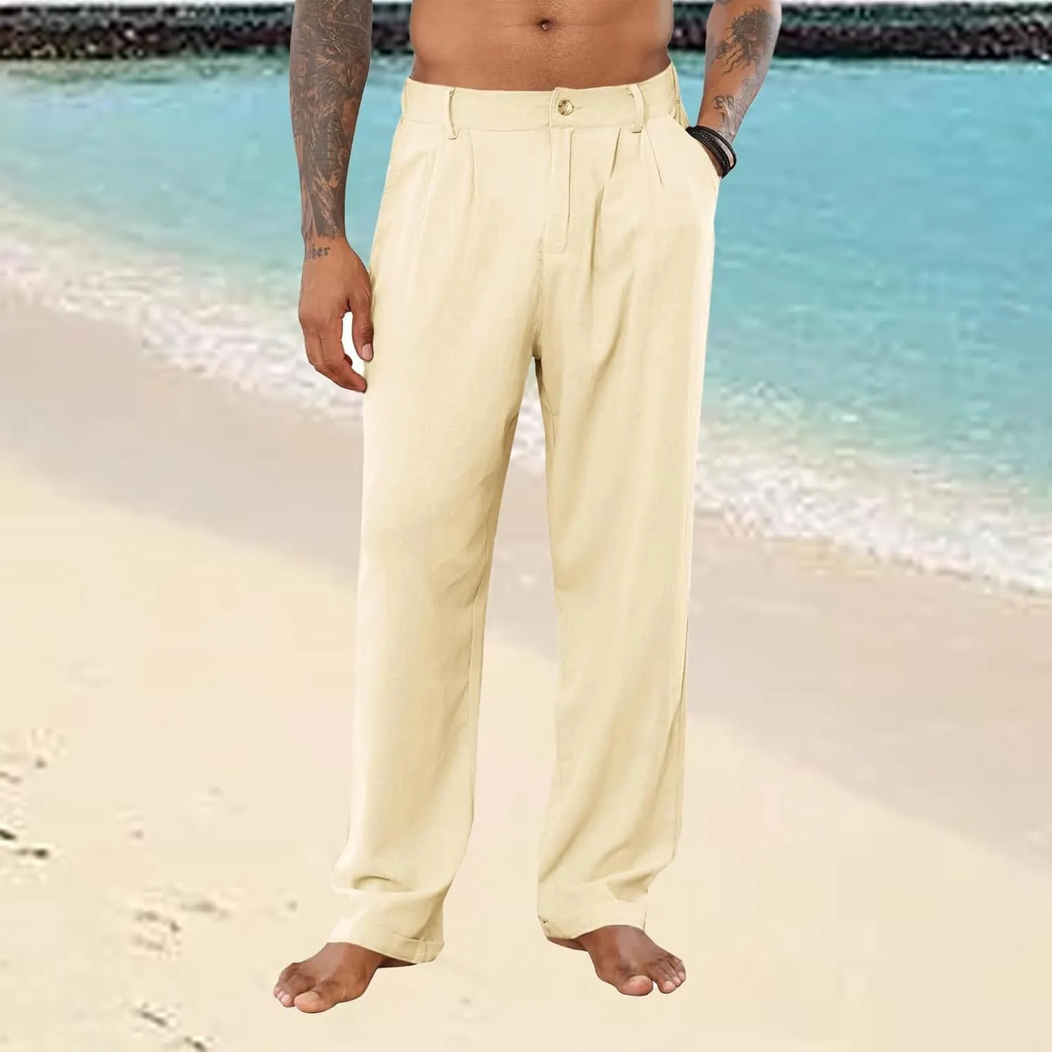 Men's Linen Pants Double Fold Elastic Waist Loose Breathable Solid Color Straight Beach Pants