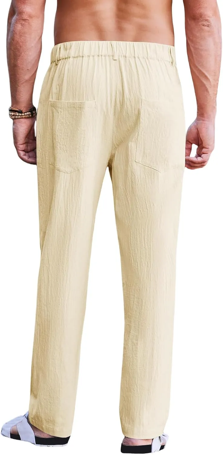Men's Linen Pants Double Fold Elastic Waist Loose Breathable Solid Color Straight Beach Pants