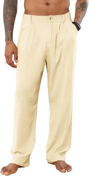 Men's Linen Pants Double Fold Elastic Waist Loose Breathable Solid Color Straight Beach Pants