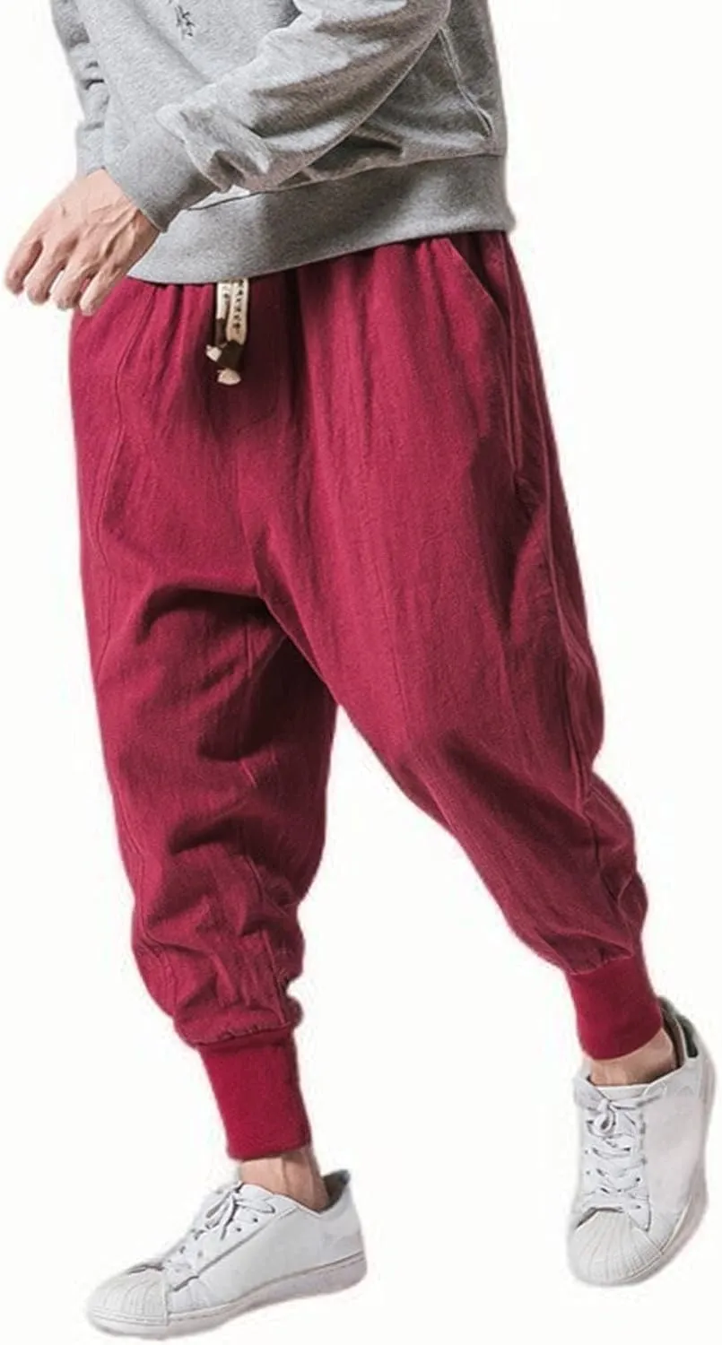 Mens Linen Pants Loose Casual Drawstring Summer Lounge Pants Baggy Solid Color Workout Joggers with Pokctes