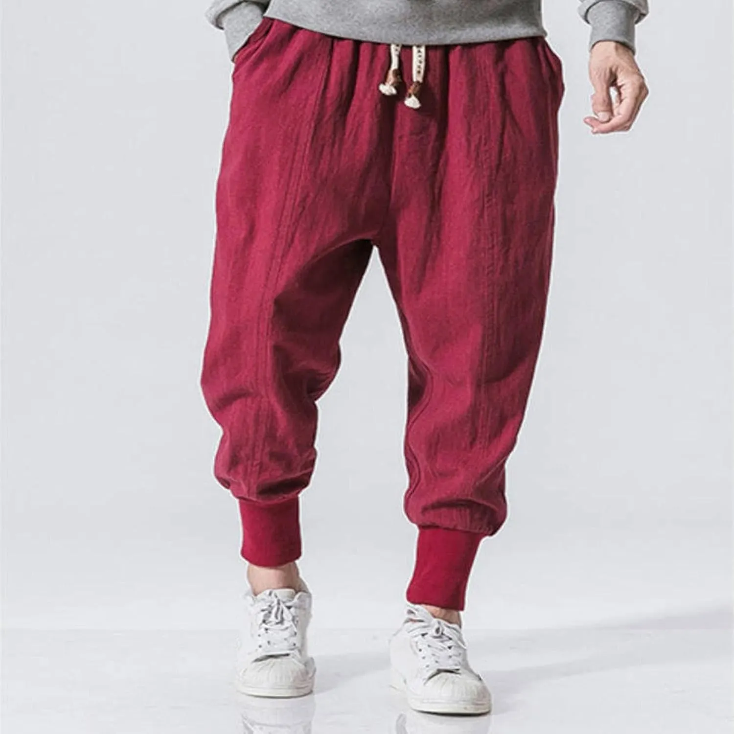 Mens Linen Pants Loose Casual Drawstring Summer Lounge Pants Baggy Solid Color Workout Joggers with Pokctes