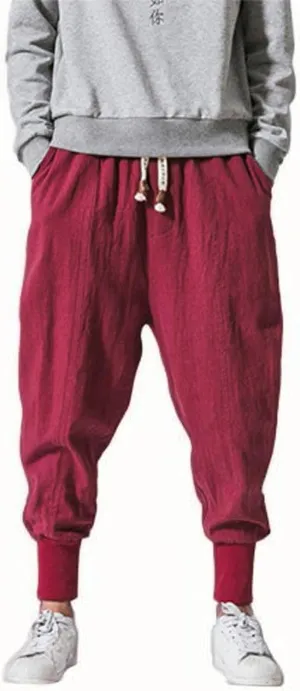 Mens Linen Pants Loose Casual Drawstring Summer Lounge Pants Baggy Solid Color Workout Joggers with Pokctes