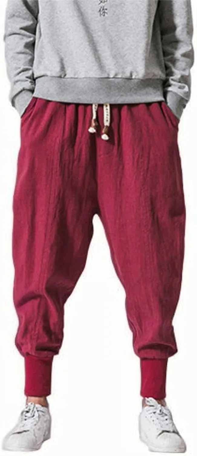 Mens Linen Pants Loose Casual Drawstring Summer Lounge Pants Baggy Solid Color Workout Joggers with Pokctes