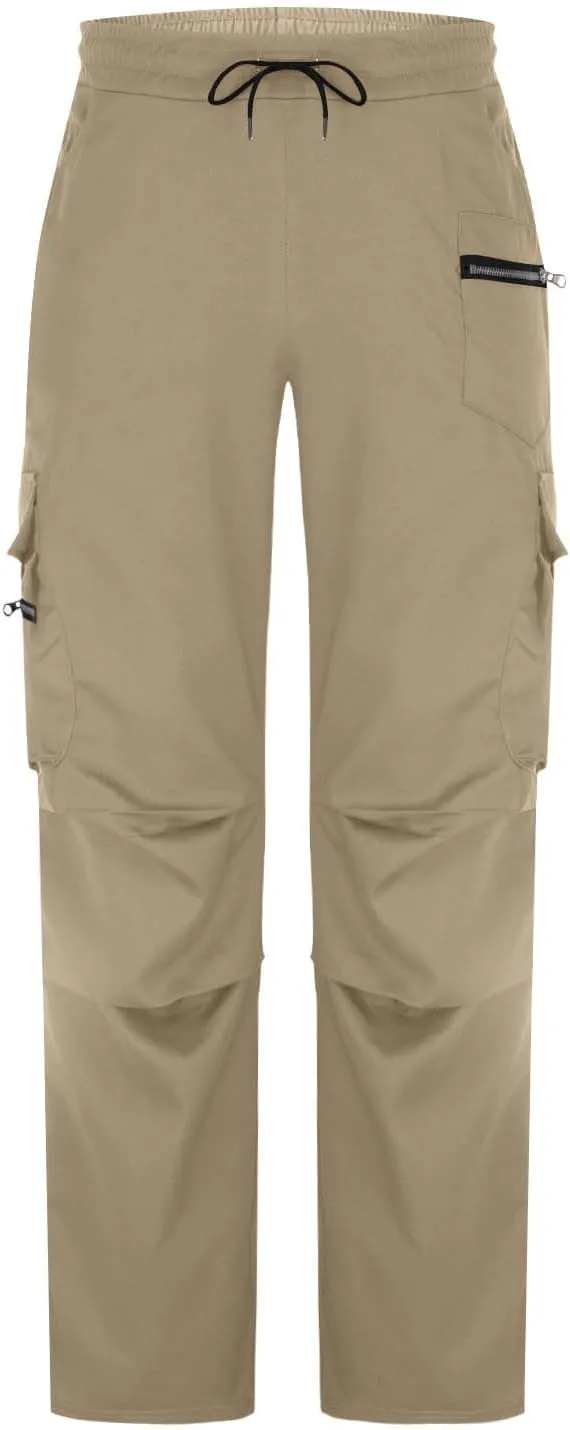 Mens Outdoor Cargo Pants Elastic High Waist Drawstring Summer Chinos Pants Straight Leg Tactical Trousers with Pocket