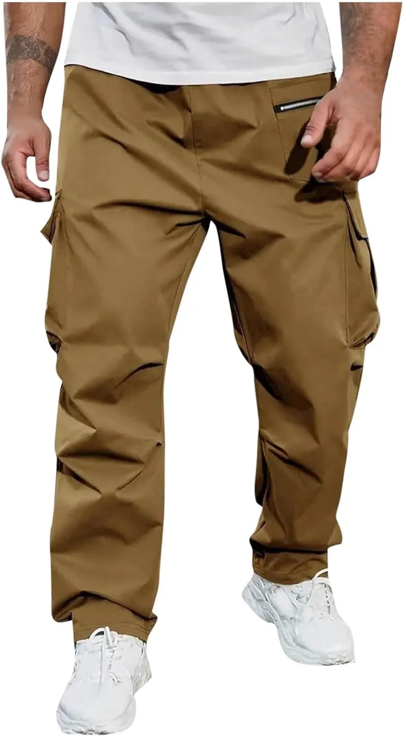 Mens Outdoor Cargo Pants Elastic High Waist Drawstring Summer Chinos Pants Straight Leg Tactical Trousers with Pocket