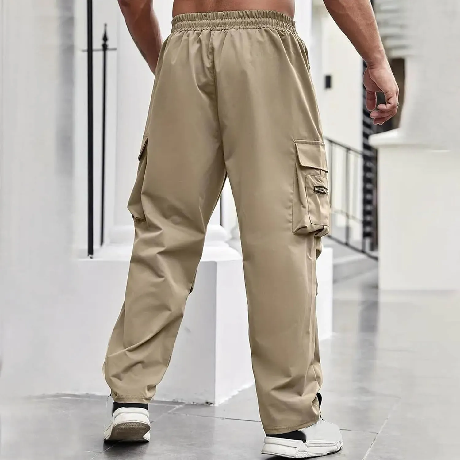 Mens Outdoor Cargo Pants Elastic High Waist Drawstring Summer Chinos Pants Straight Leg Tactical Trousers with Pocket