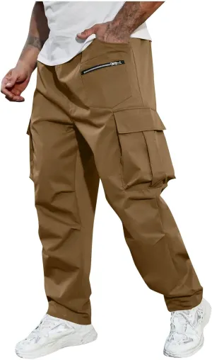 Mens Outdoor Cargo Pants Elastic High Waist Drawstring Summer Chinos Pants Straight Leg Tactical Trousers with Pocket
