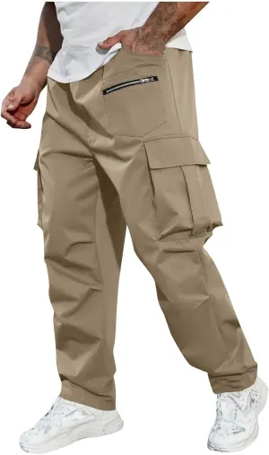 Mens Outdoor Cargo Pants Elastic High Waist Drawstring Summer Chinos Pants Straight Leg Tactical Trousers with Pocket