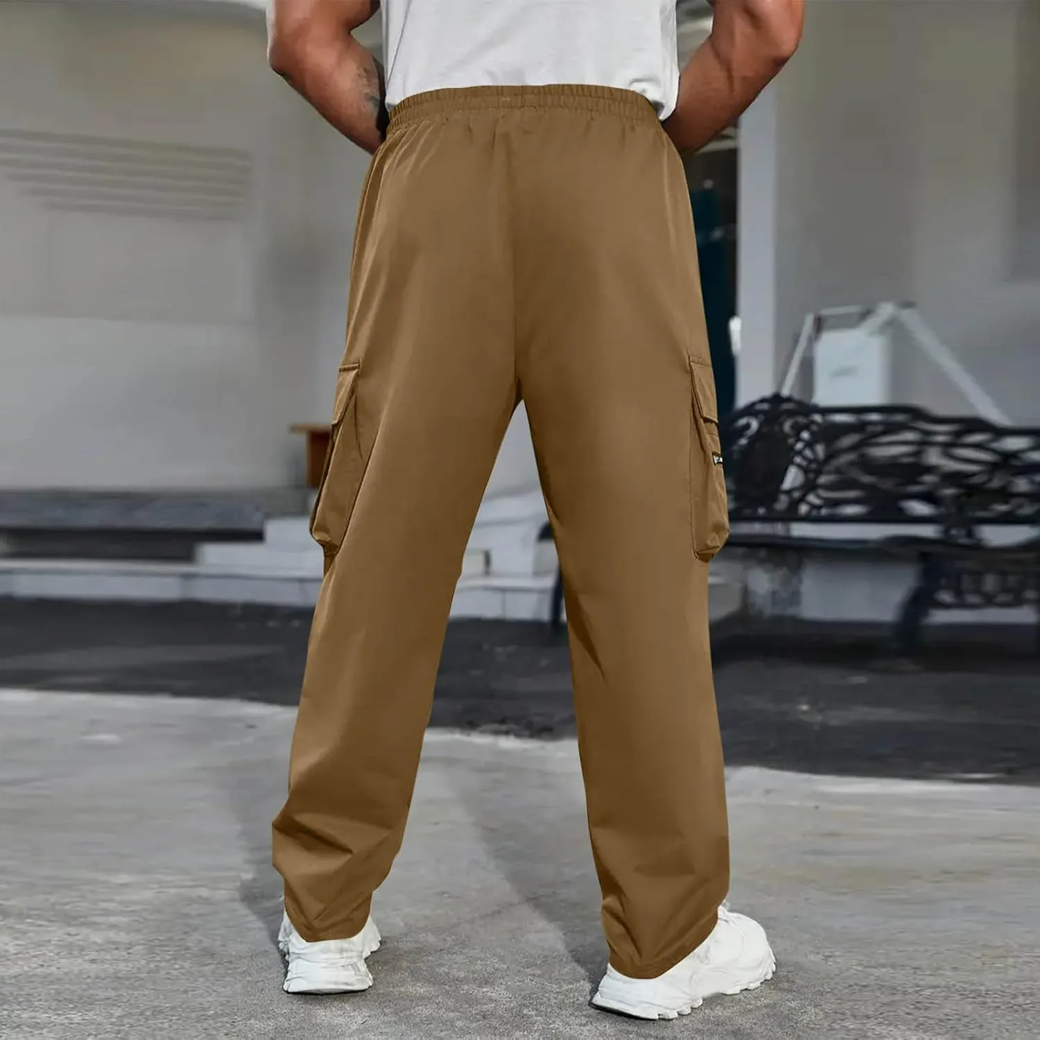 Mens Outdoor Cargo Pants Elastic High Waist Drawstring Summer Chinos Pants Straight Leg Tactical Trousers with Pocket