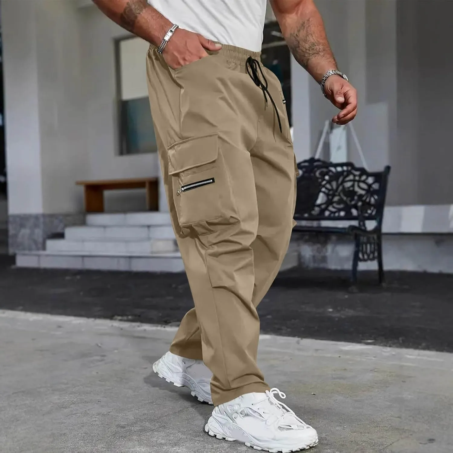 Mens Outdoor Cargo Pants Elastic High Waist Drawstring Summer Chinos Pants Straight Leg Tactical Trousers with Pocket